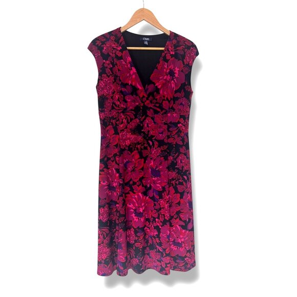 Chaps Fuchsia Purple Red Floral Print Dress Size Large Jersey Summer Wedding - Picture 2 of 6